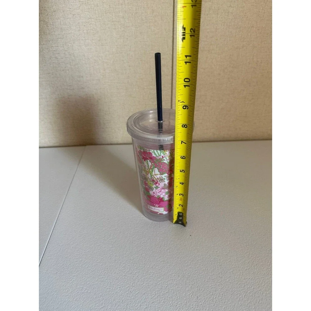 Lily Pulitzer Travel Tumbler Lid & Straw Pink & Green White Flowers Plastic